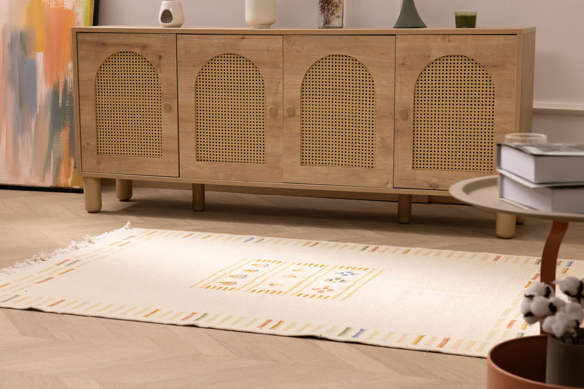 Hand-woven 3x5 ft beige and brown vintage Turkish flatweave rug with minimalist striped patterns and wool-cotton blend.