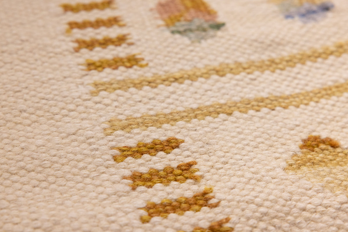 Hand-woven beige and brown vintage Turkish wool-cotton flatweave rug with minimalist striped Anatolian motifs.