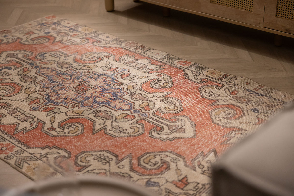 Vintage Nevşehir Turkish Area Rug 4x7 ft — Orange Floral