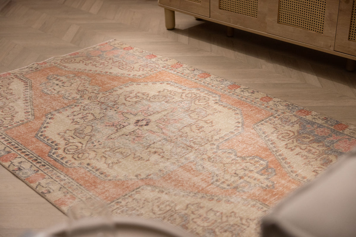 Vintage Nevşehir Turkish Area Rug 4x6 ft — Orange Floral