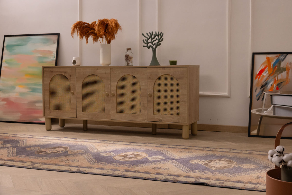 Vintage 4x12 ft Turkish runner rug in orange and navy with geometric patterns, handwoven from wool and cotton.