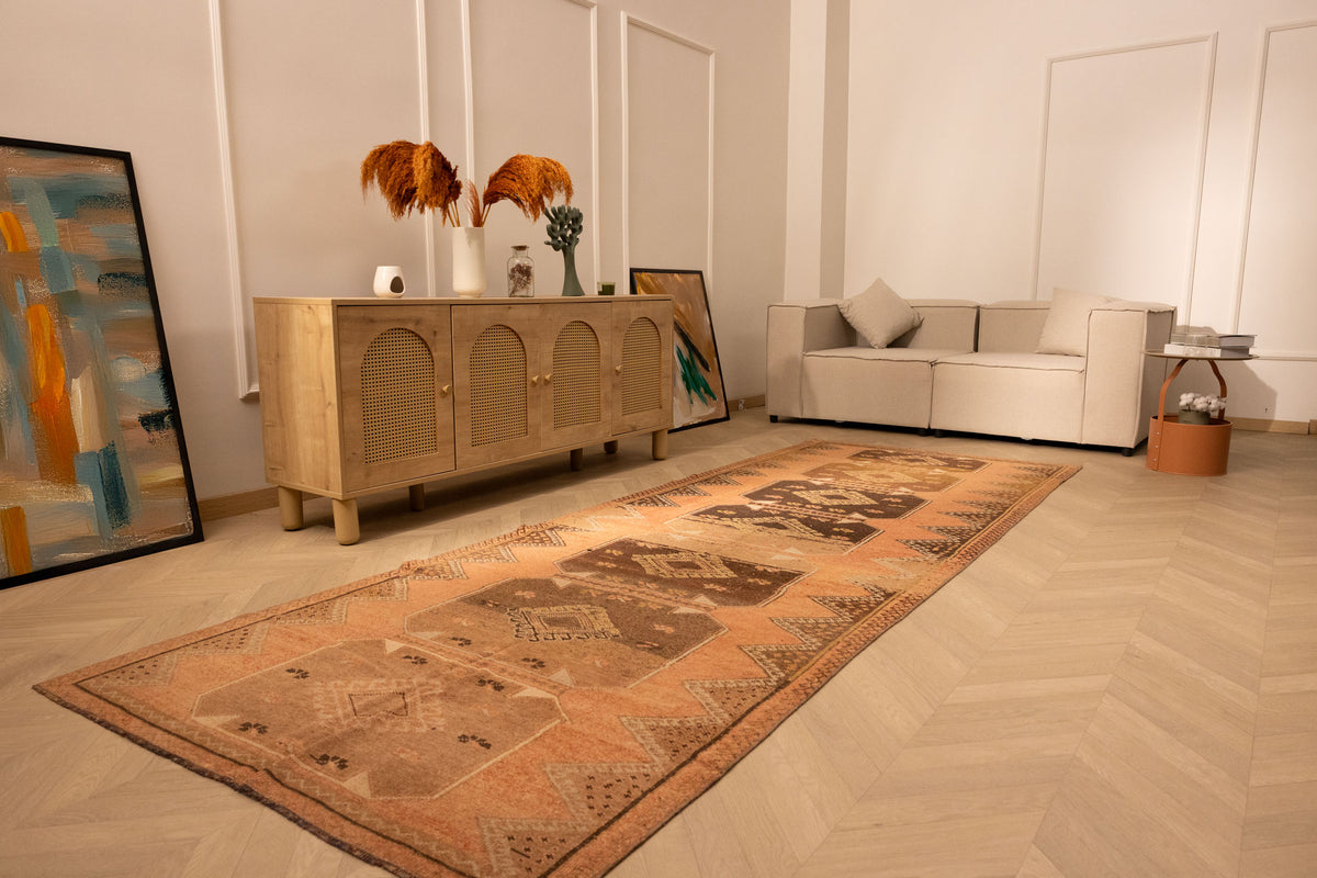Vintage Malatya Turkish runner rug in orange and brown with geometric patterns, handmade wool and cotton, 4x11 ft.