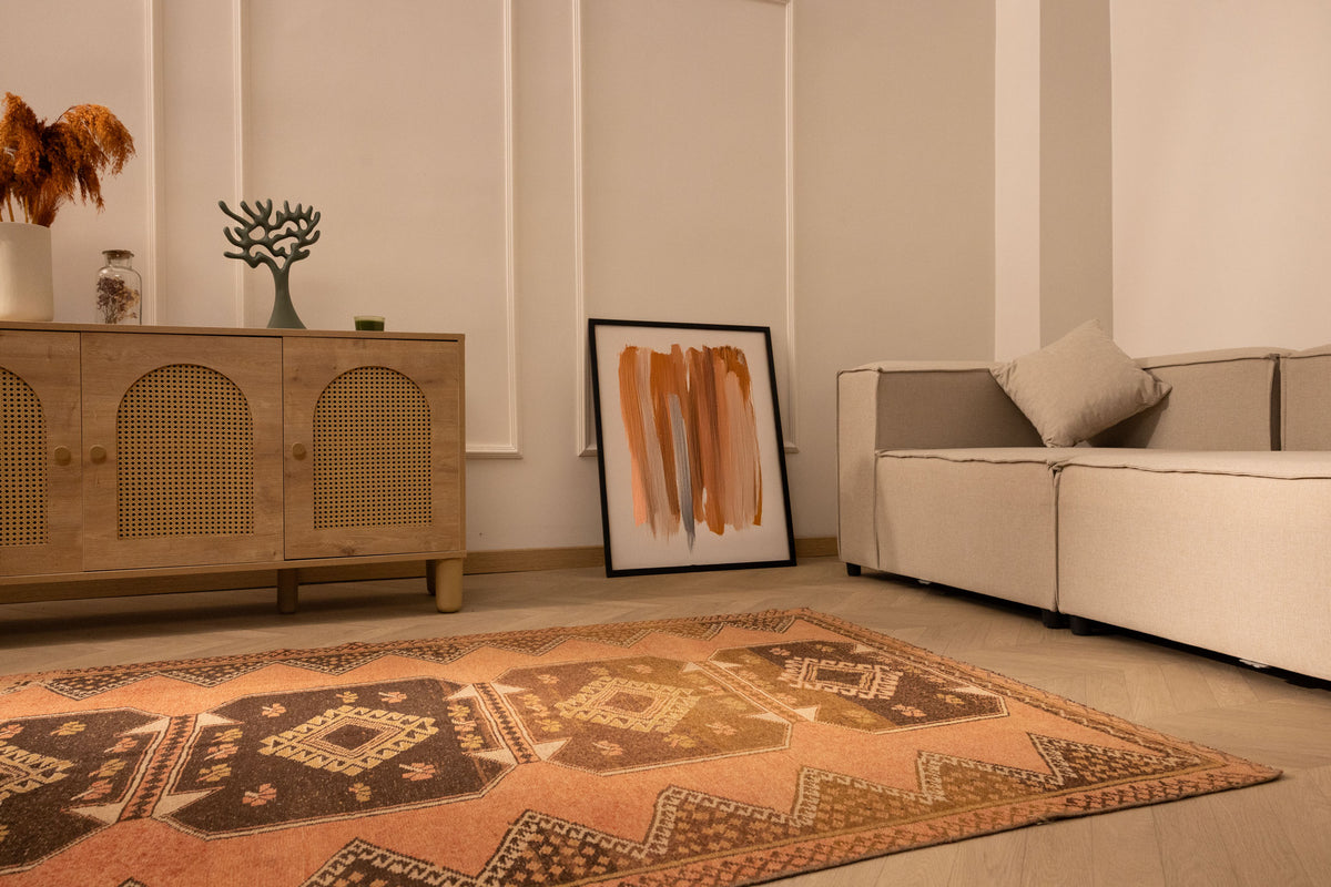 Vintage Malatya Turkish runner rug in orange and brown with geometric patterns, hand-woven wool and cotton, 4x11 ft.