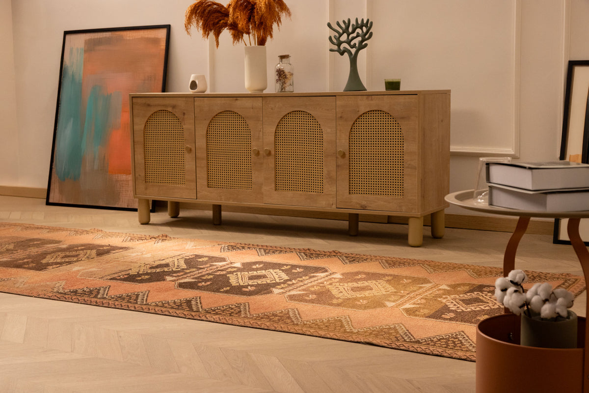 Vintage 4x11 ft Turkish runner rug in orange and brown with geometric patterns, handwoven from wool and cotton.