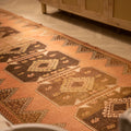 Vintage Malatya Turkish runner rug in orange and brown with geometric patterns, handwoven wool and cotton, 4x11 ft.
