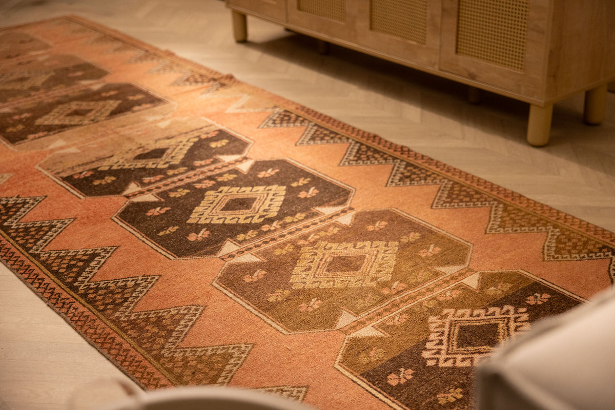 Vintage Malatya Turkish runner rug in orange and brown with geometric patterns, handwoven wool and cotton, 4x11 ft.
