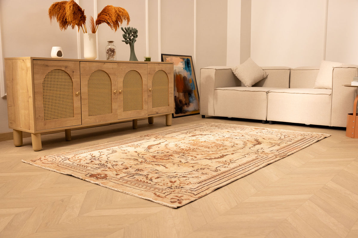 Vintage Manisa Turkish Area Rug 4x8 ft — Brown & White Floral