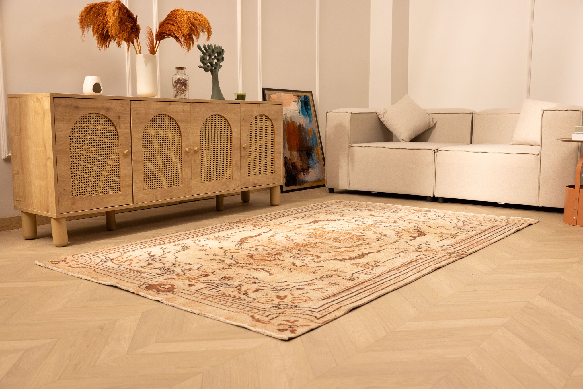 Vintage Manisa Turkish Area Rug 4x8 ft — Brown & White Floral
