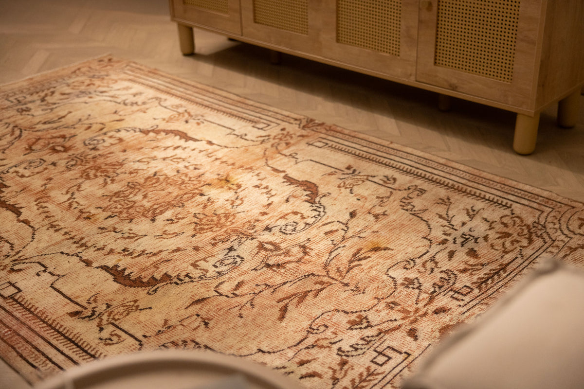 Vintage Manisa Turkish Area Rug 4x8 ft — Brown & White Floral