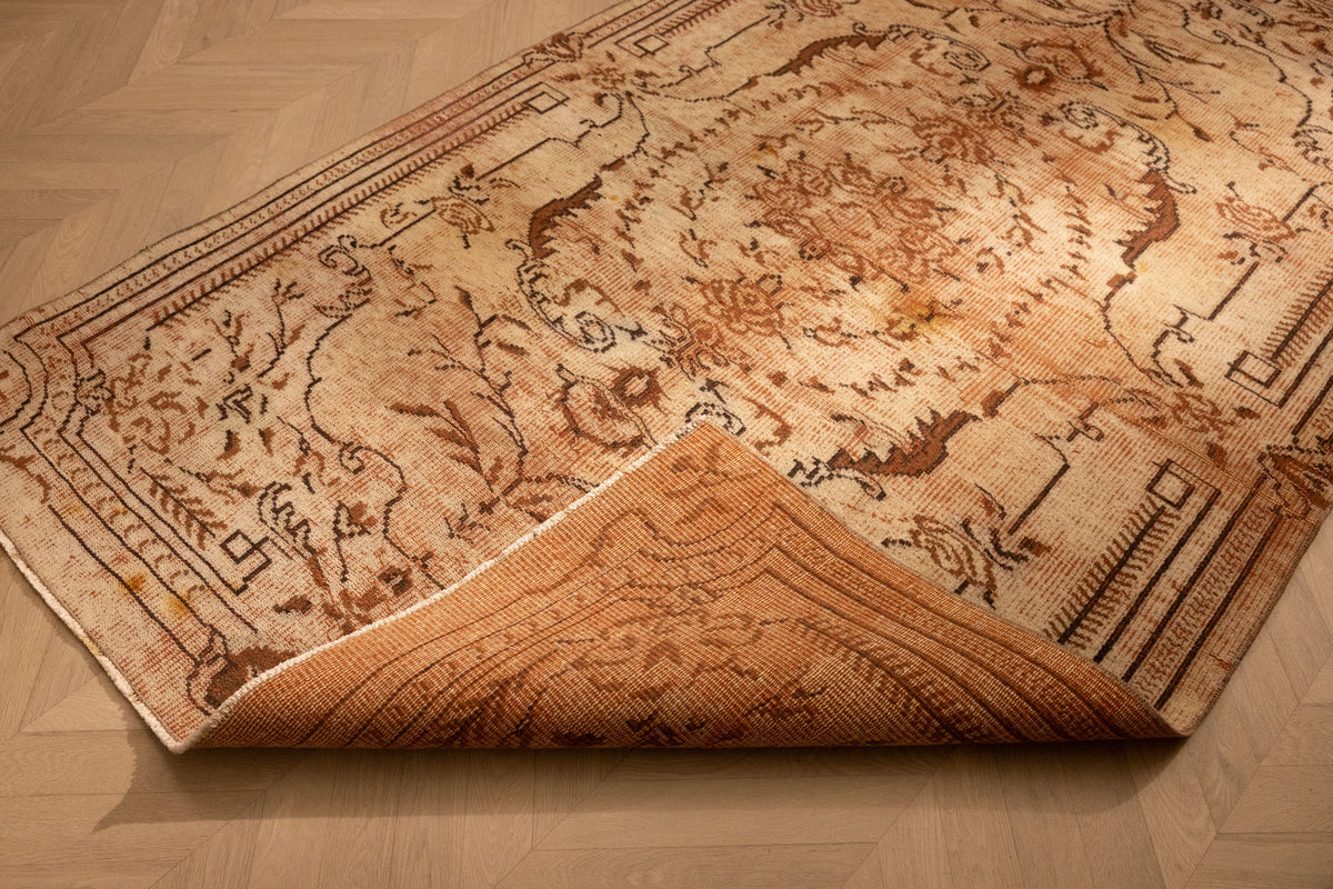 Vintage Manisa Turkish Area Rug 4x8 ft — Brown & White Floral