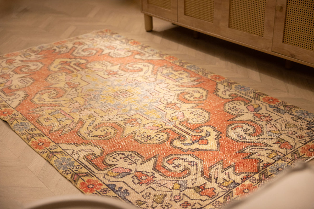 Vintage Nevşehir Turkish Area Rug 4x7 ft — Red Floral