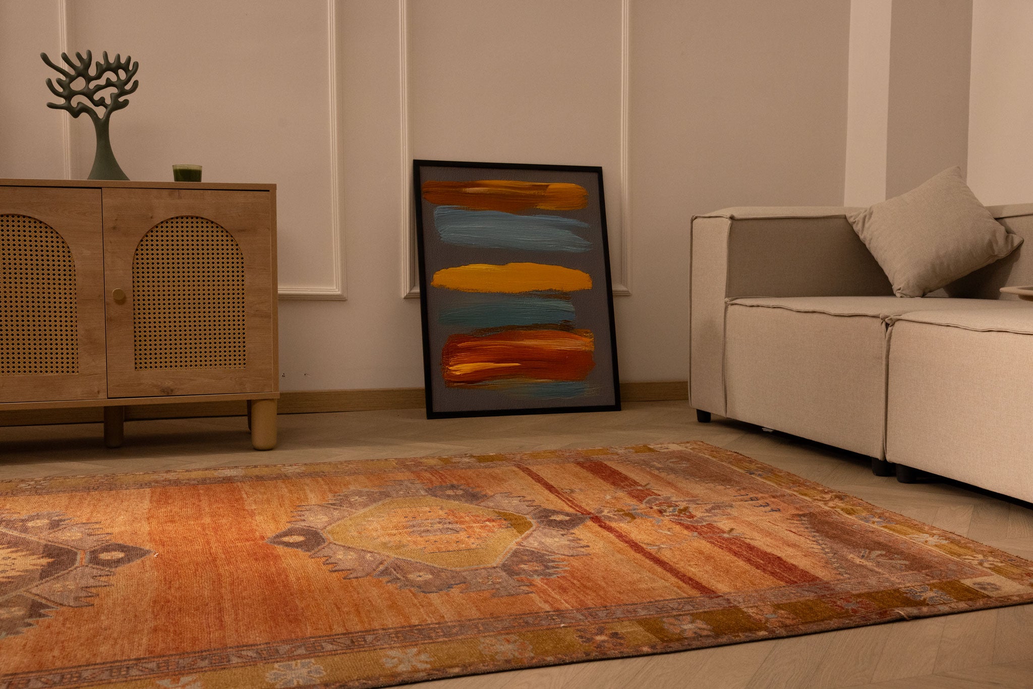 Vintage Sivas Turkish Area Rug 4x11 ft — Orange & Gray Floral