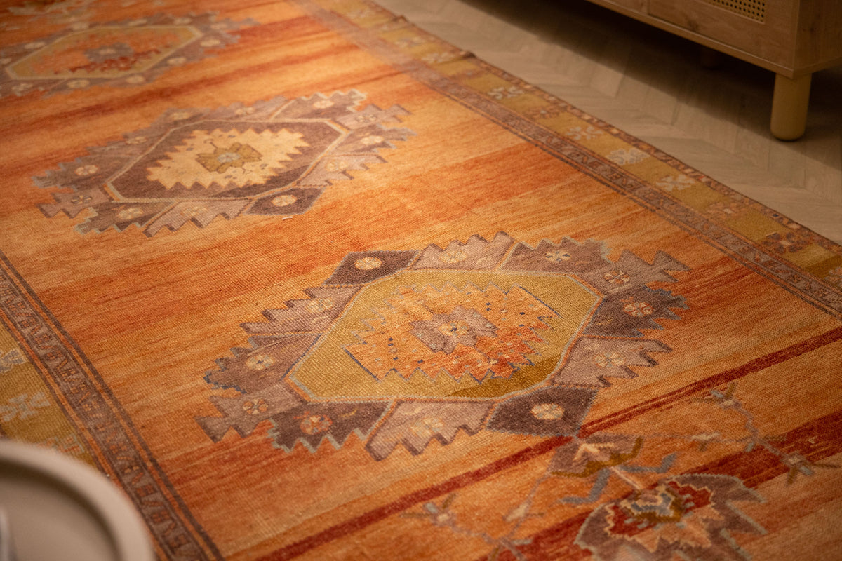 Vintage Sivas Turkish Area Rug 4x11 ft — Orange & Gray Floral