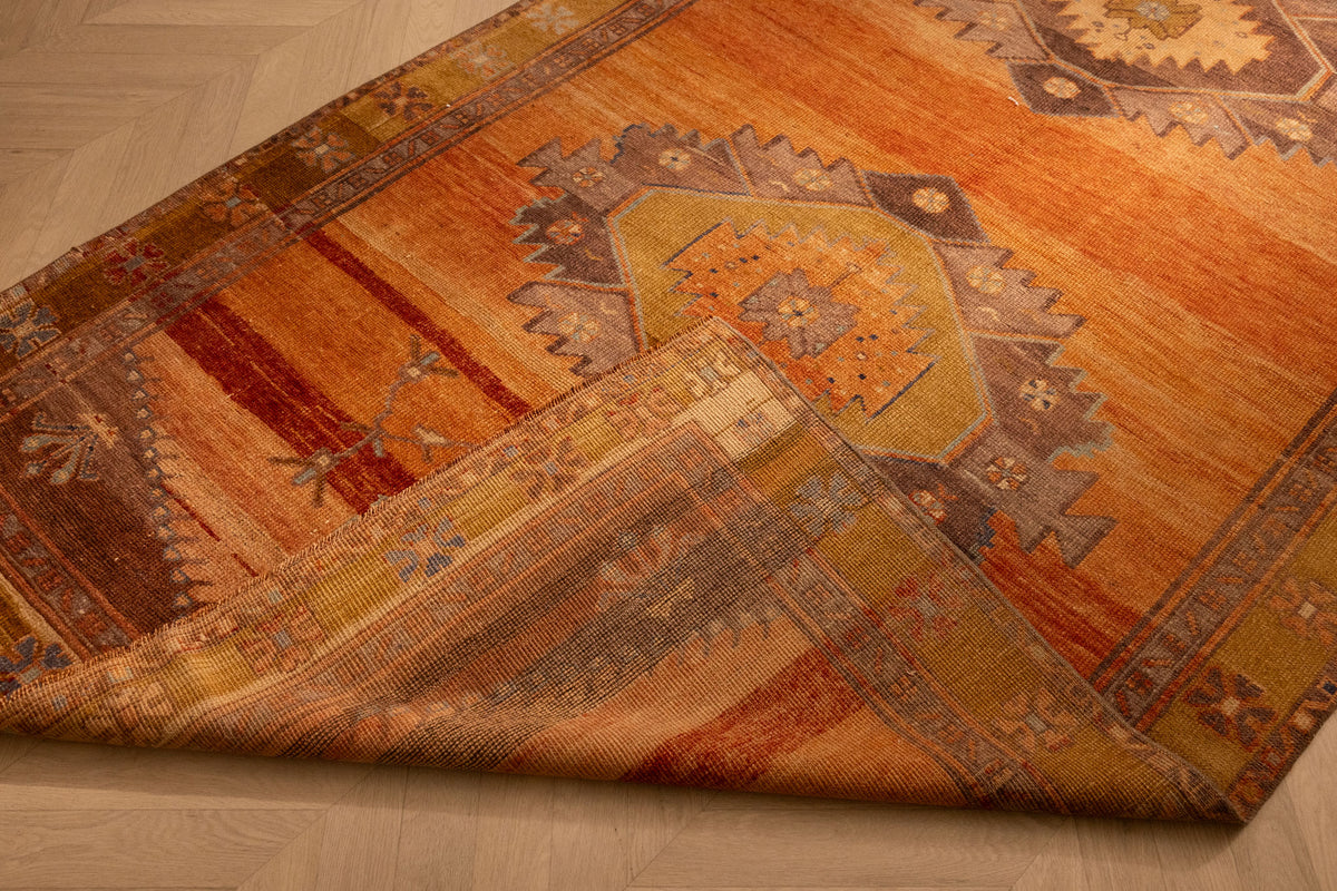 Vintage Sivas Turkish Area Rug 4x11 ft — Orange & Gray Floral