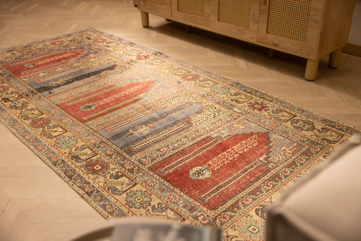 Vintage Kayseri Turkish Area Rug 4x9 ft — Red & Blue Floral