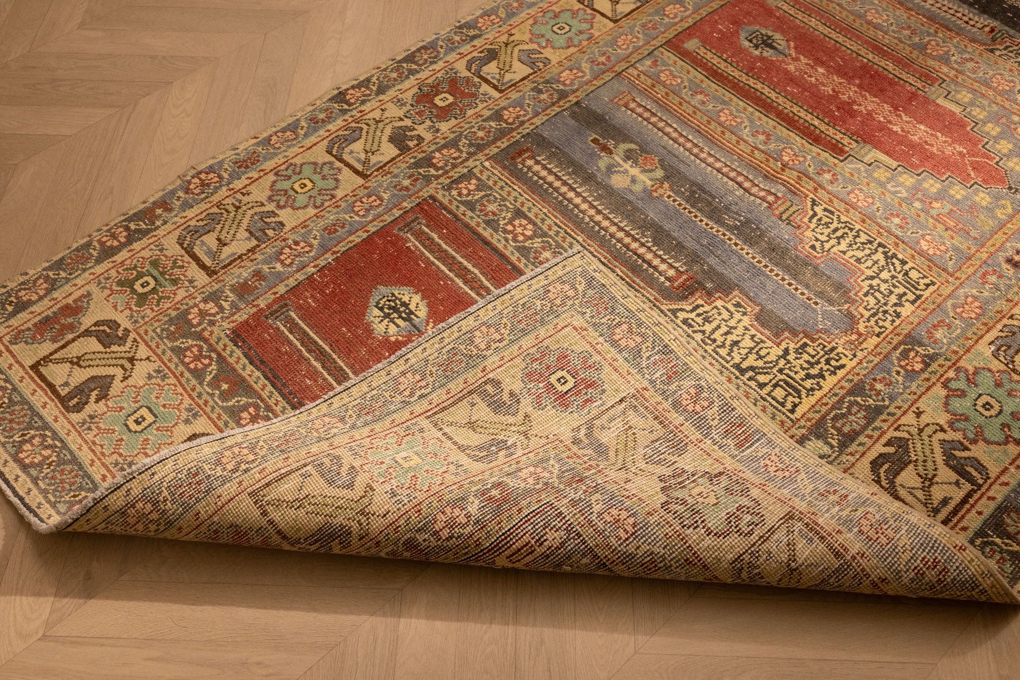 Vintage Kayseri Turkish Area Rug 4x9 ft — Red & Blue Floral