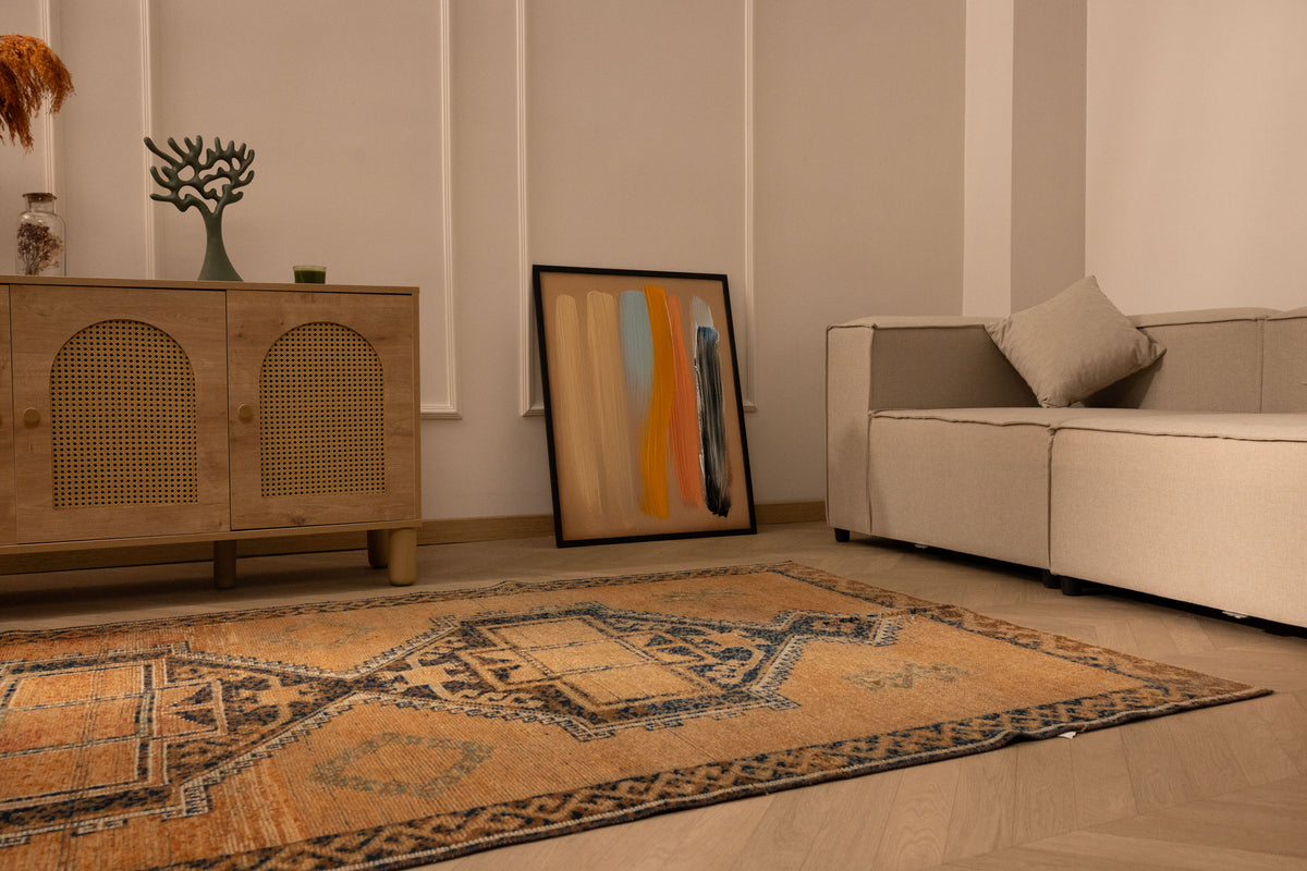 Vintage Malatya Turkish runner rug in orange and brown with geometric patterns, handwoven from wool and cotton.