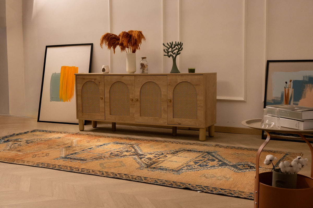 Vintage 4x11 ft Turkish runner rug in orange and brown with geometric patterns, handwoven from wool and cotton.