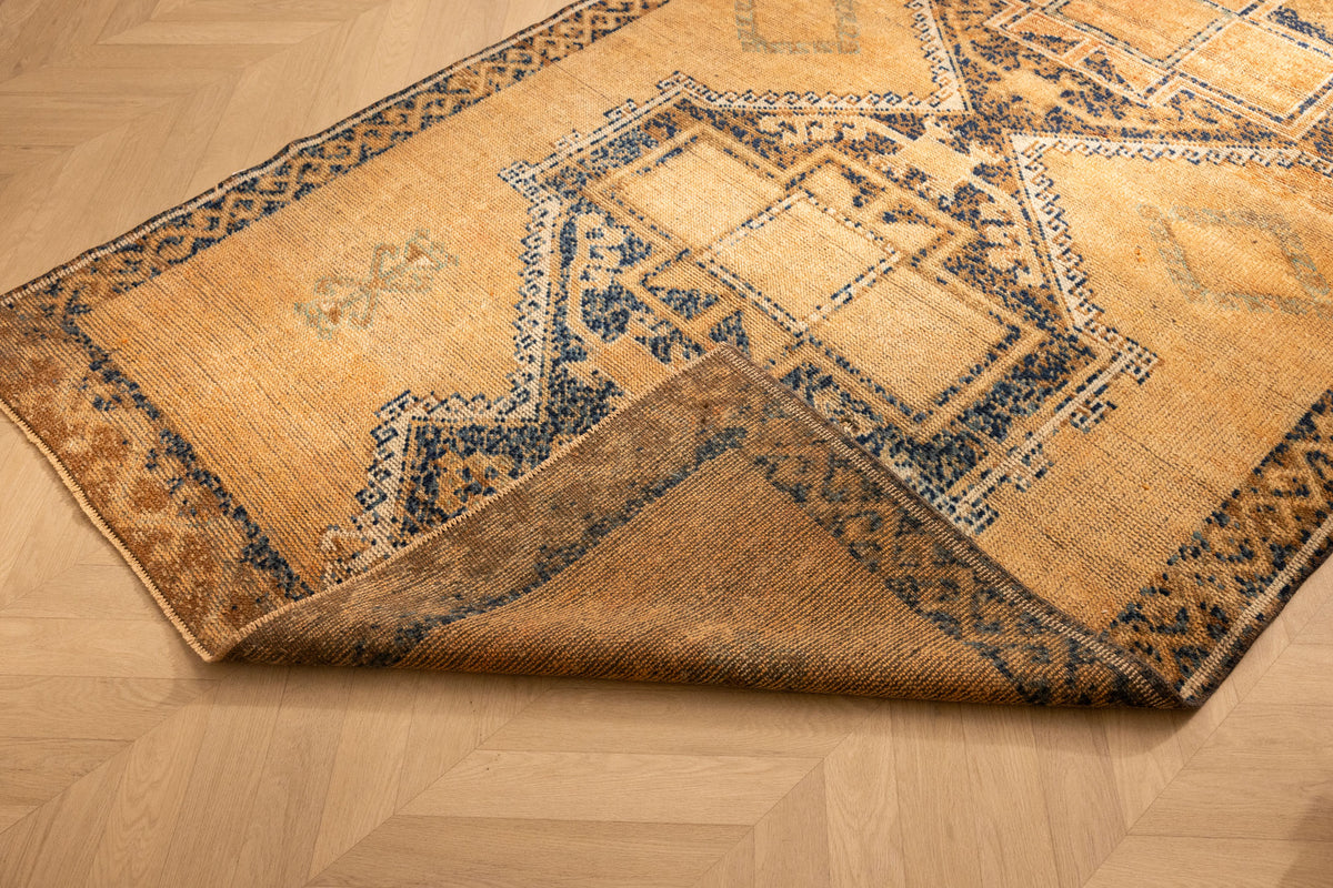Vintage Malatya Turkish runner rug in orange and brown with geometric patterns, hand-woven wool and cotton, 4x11 ft.
