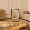 Hand-woven vintage Turkish runner rug in beige and gray with geometric patterns, crafted from wool and cotton.