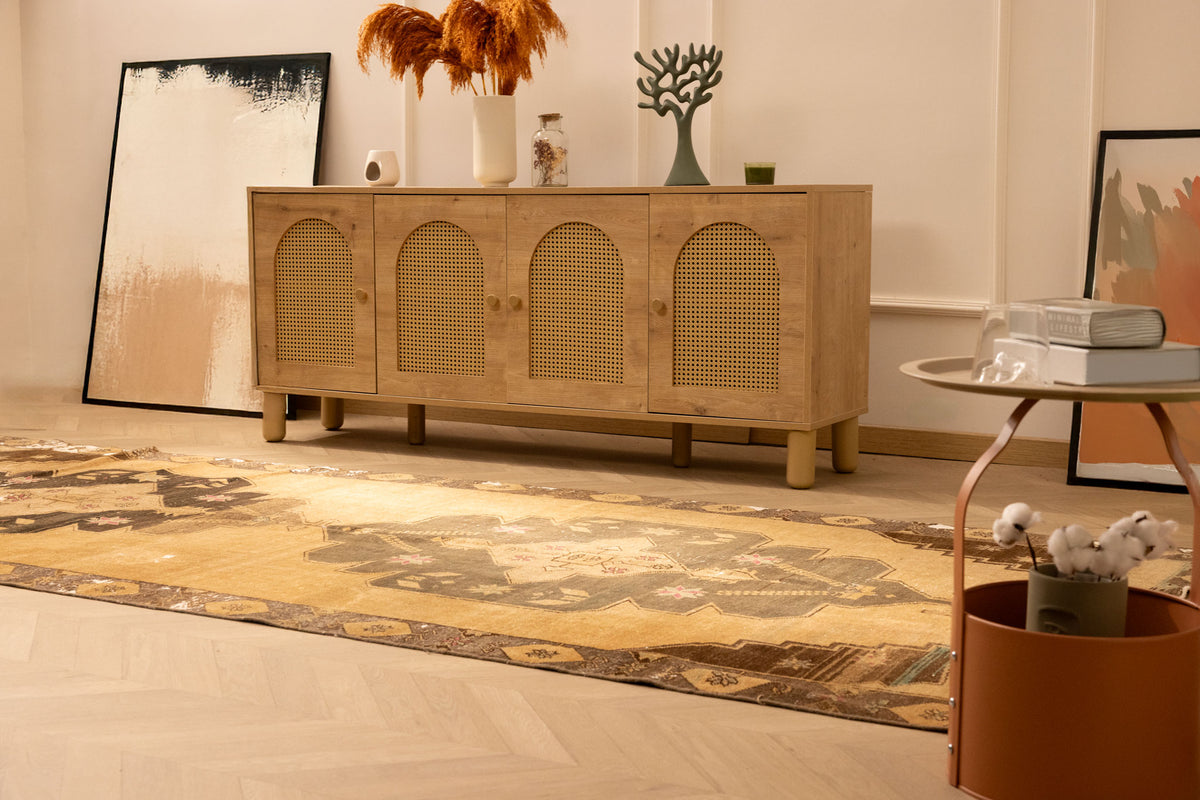 Hand-woven 4x11 ft vintage Turkish runner rug in beige and gray with geometric patterns and wool-cotton blend.