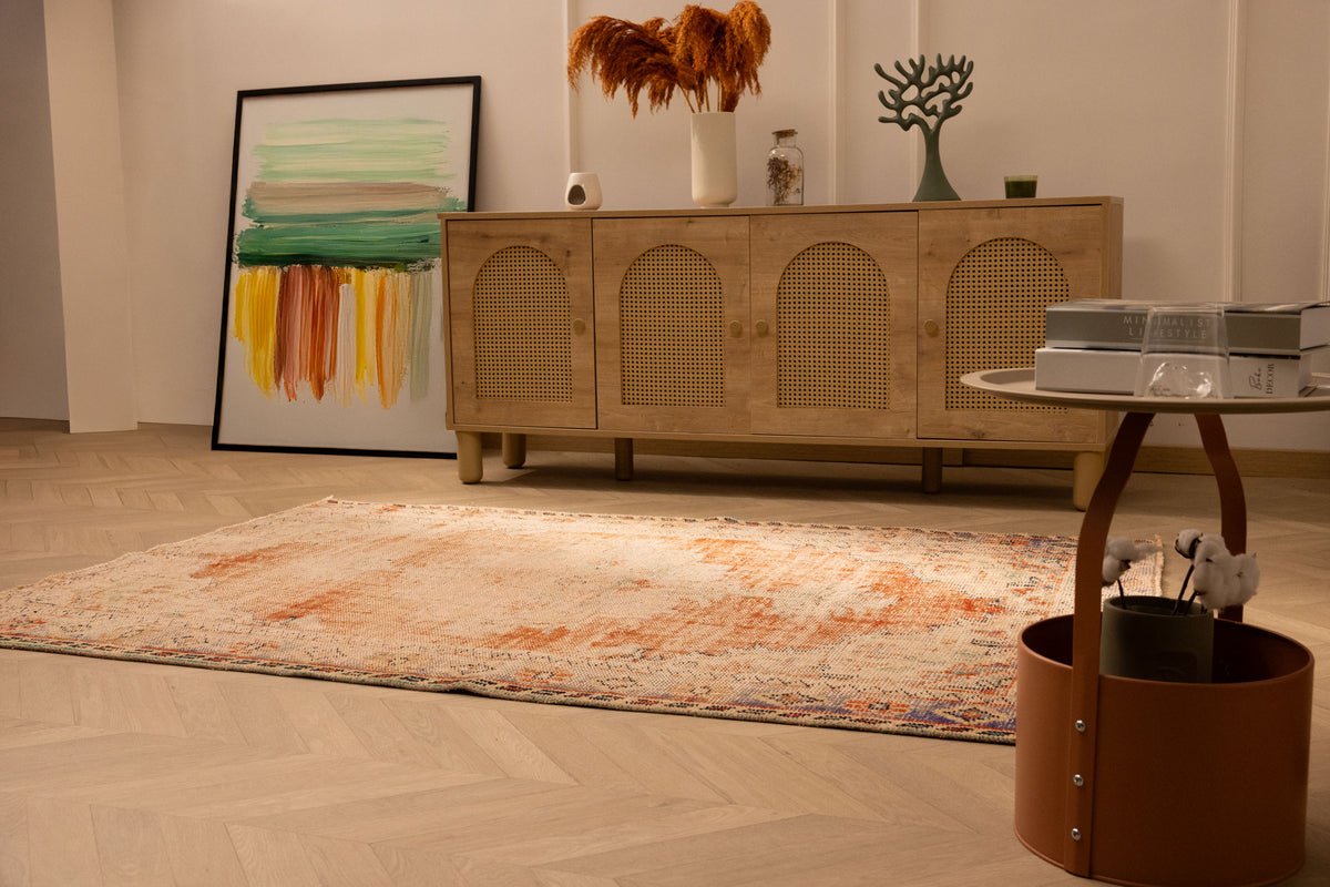 Vintage Manisa Turkish Area Rug 4x7 ft — Orange & Beige Distressed