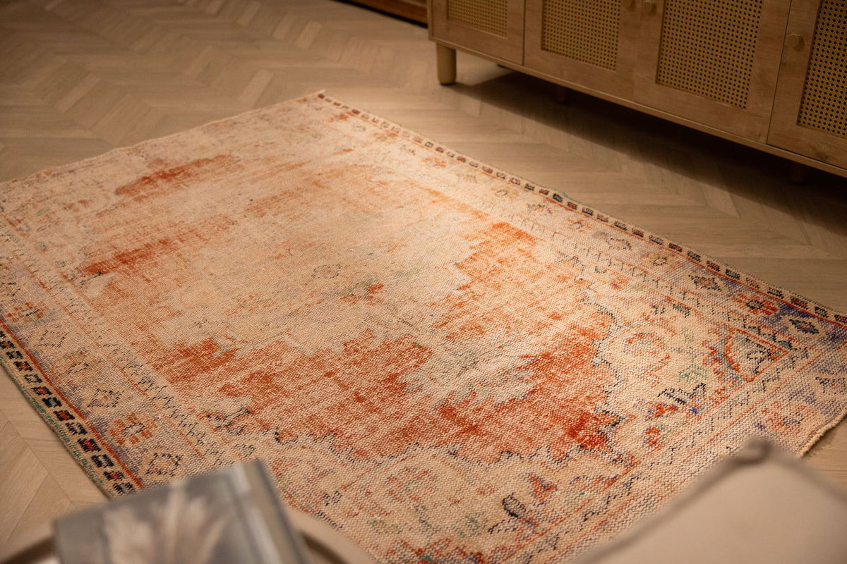 Vintage Manisa Turkish Area Rug 4x7 ft — Orange & Beige Distressed
