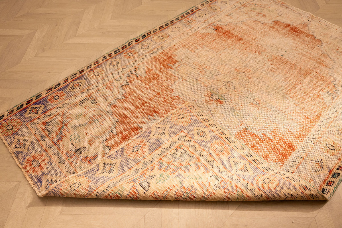 Vintage Manisa Turkish Area Rug 4x7 ft — Orange & Beige Distressed