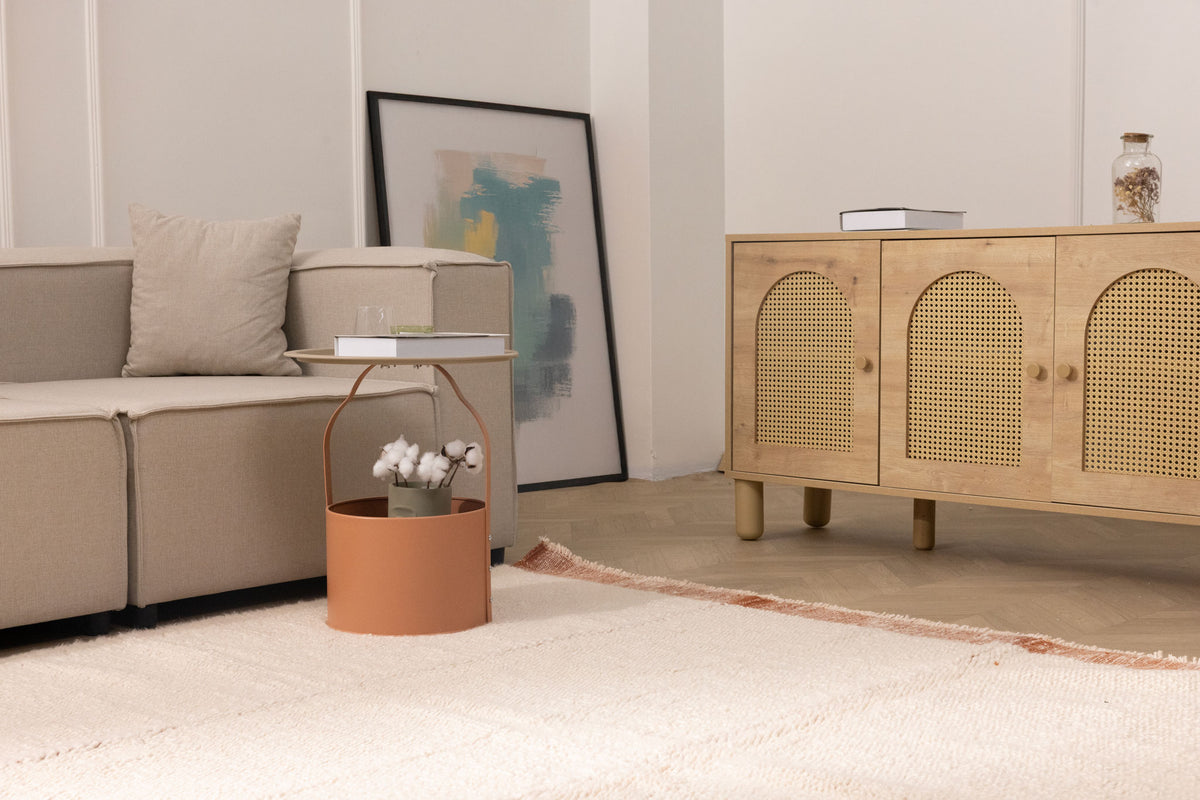 Terracotta shaggy wool rug with a thick, soft high-pile texture in a modern, cozy living room setting.