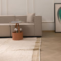 Handwoven dark mustard shaggy wool rug with a thick, textured pile in a modern living room setting.