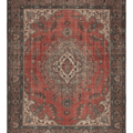 Oversized 9.7x12.1 ft wool and cotton Persian-style rug featuring a red floral pattern and traditional bohemian motifs.