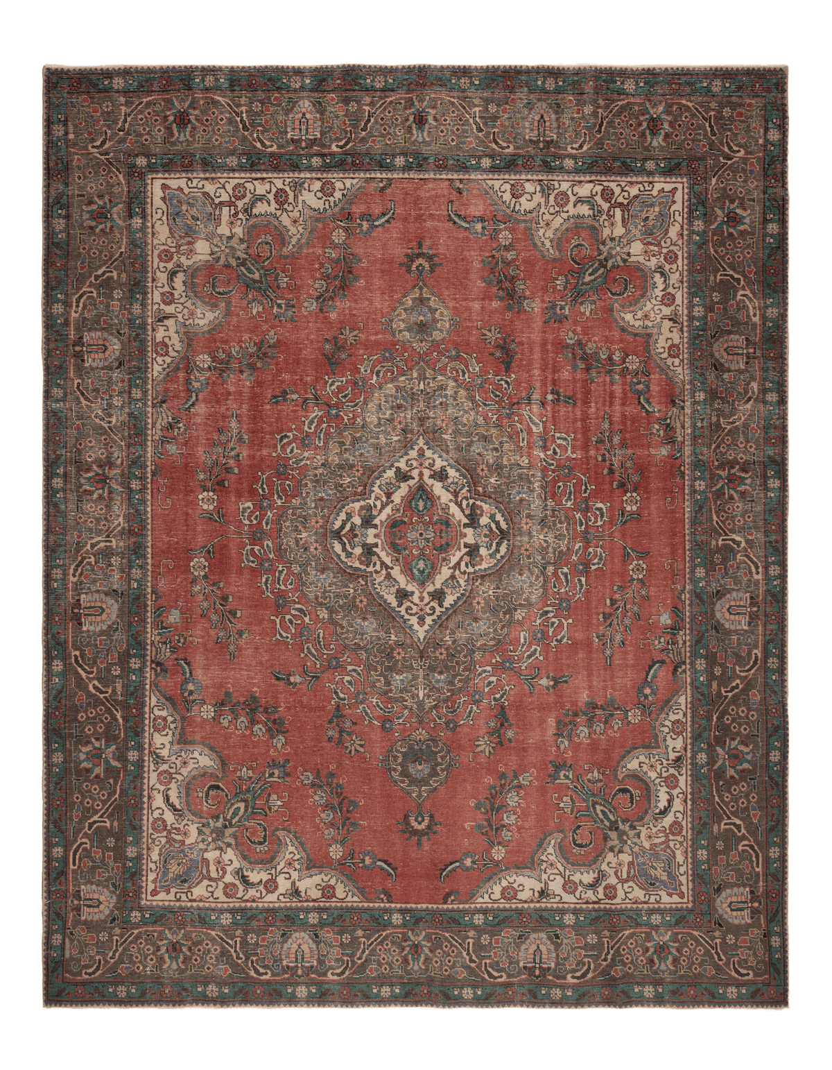 Oversized 9.7x12.1 ft wool and cotton Persian-style rug featuring a red floral pattern and traditional bohemian motifs.