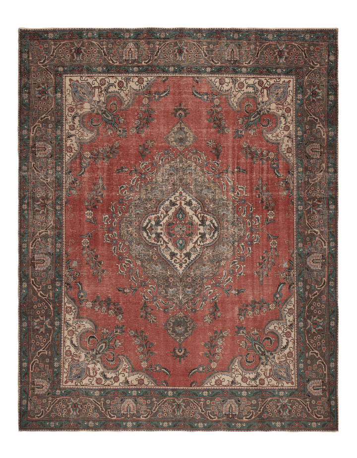 Oversized 9.7x12.1 ft wool and cotton Persian-style rug featuring a red floral pattern and traditional bohemian motifs.