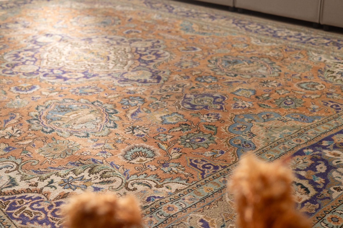 Oversized Persian-style wool and cotton area rug featuring orange and navy floral patterns in a bohemian traditional design.