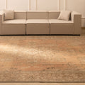 Oversized orange and brown Persian-style wool and cotton area rug with traditional floral patterns in a living room.