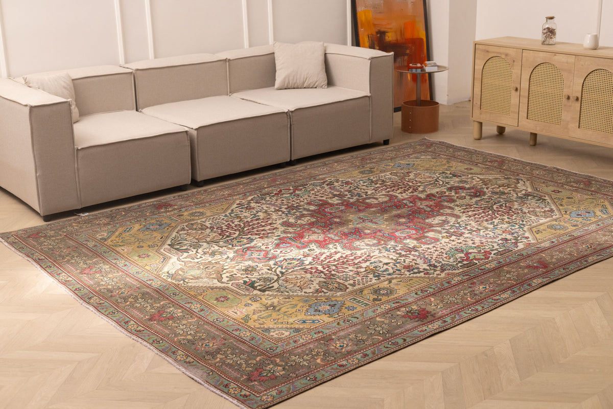 Oversized 7.9x11.2 ft Persian-style wool and cotton rug with red and white floral patterns in a traditional bohemian design.