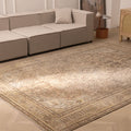 Oversized 7.9x11 ft Persian-style wool and cotton rug in brown and beige with traditional floral patterns.