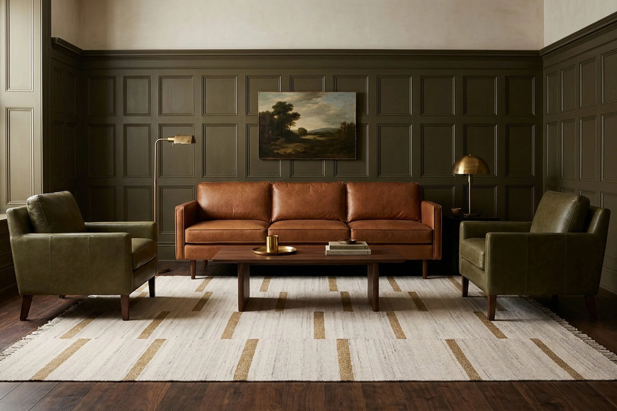 Beige Brown Flatweave area rug in a living room