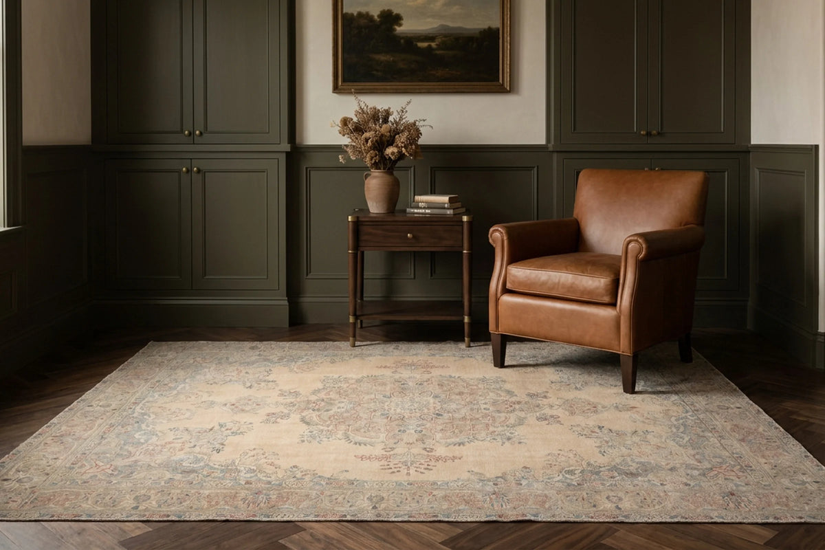 Beige Persian rug in a styled room
