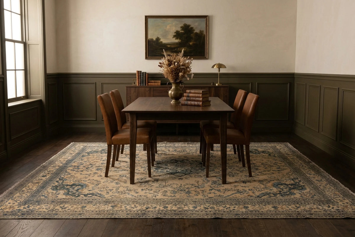 Beige Persian rug in a dining room