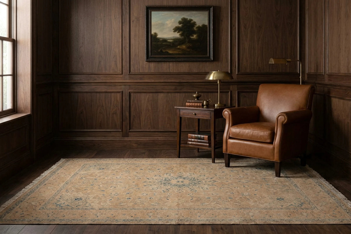 Beige Persian rug in a library