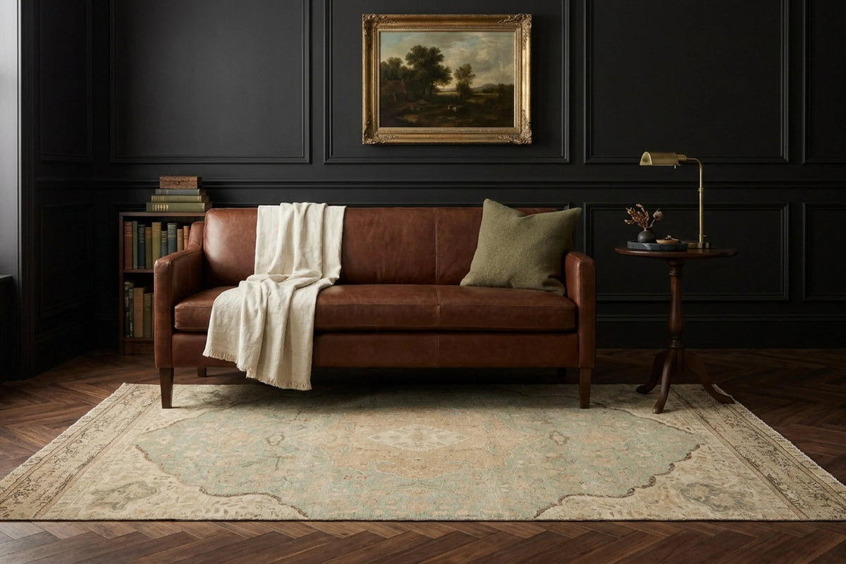 Beige rug in a styled room