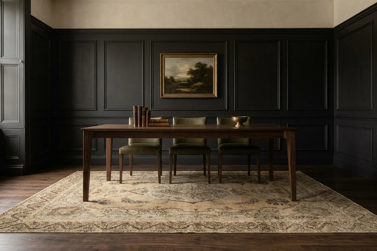 Beige rug in a dining room