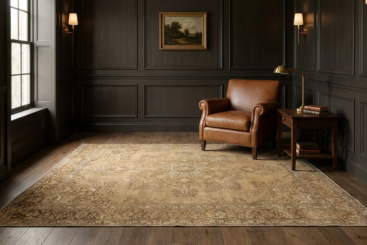 Beige rug in a styled room