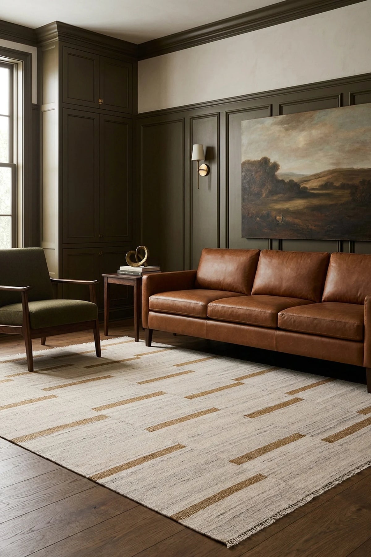 Beige Brown Flatweave area rug in a living room