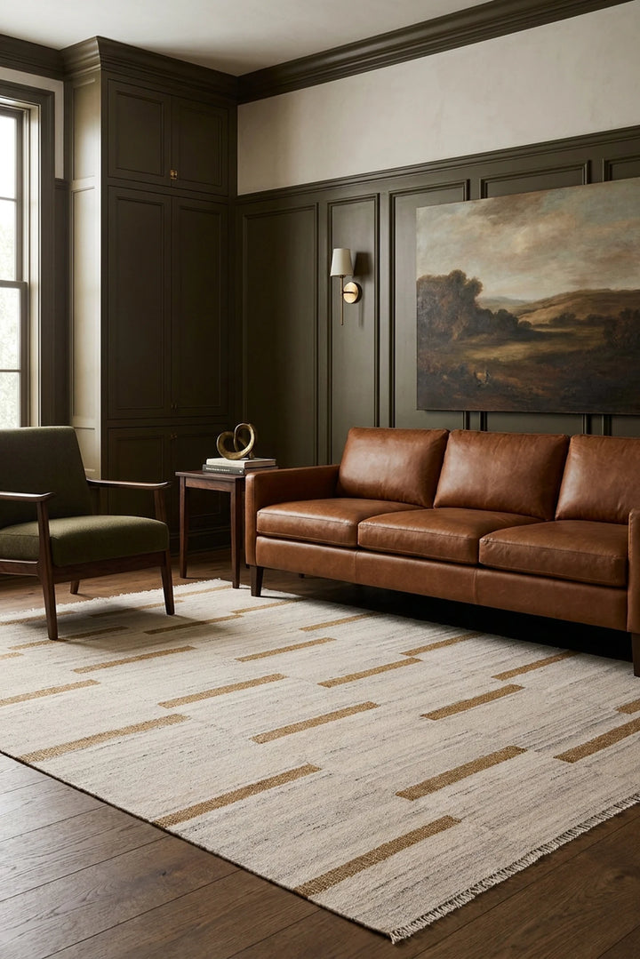 Beige Brown Flatweave area rug in a living room