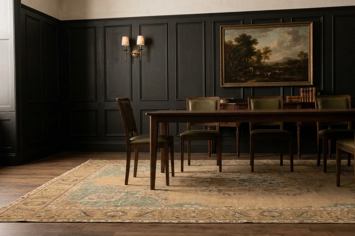 Beige rug in a dining room