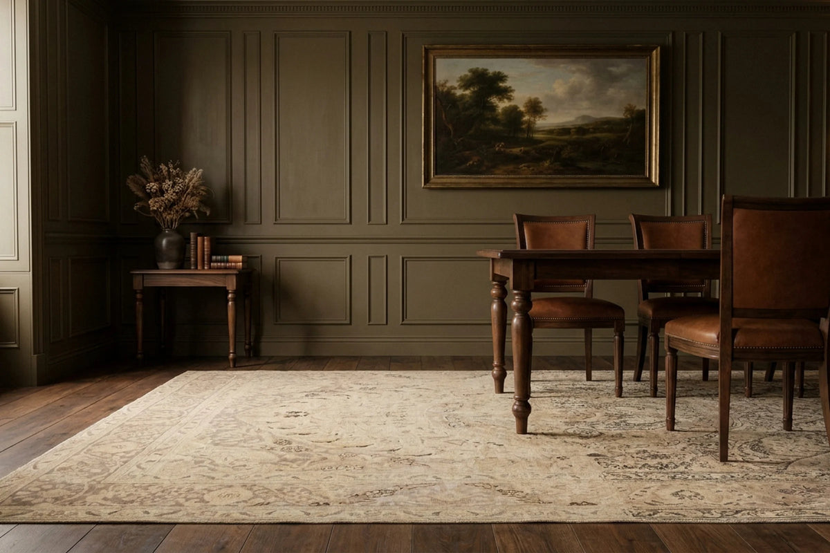 Beige rug in a dining room