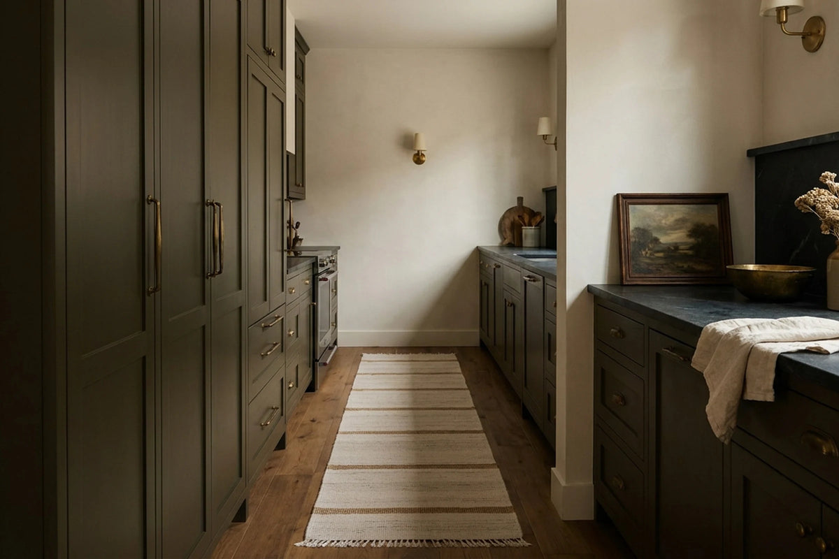 Beige Brown Flatweave runner rug in a kitchen