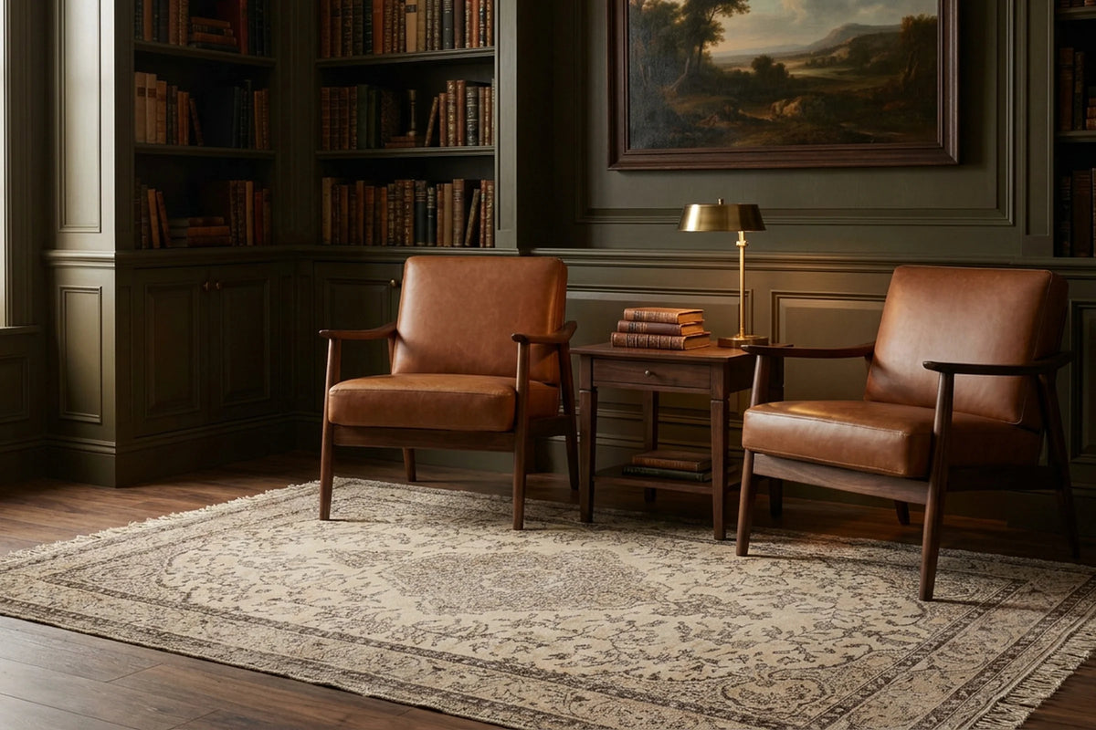 Beige Turkish rug in a library